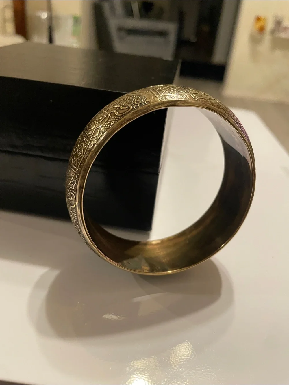 Gold-Tone Engraved Wide Bangle Bracelet - Elegant Women's Jewelry